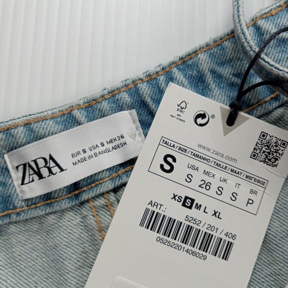 ZARA Women's Denim Crop Top Size Small Light Wash Blue Cotton Deconstructed Hem - Picture 5 of 5